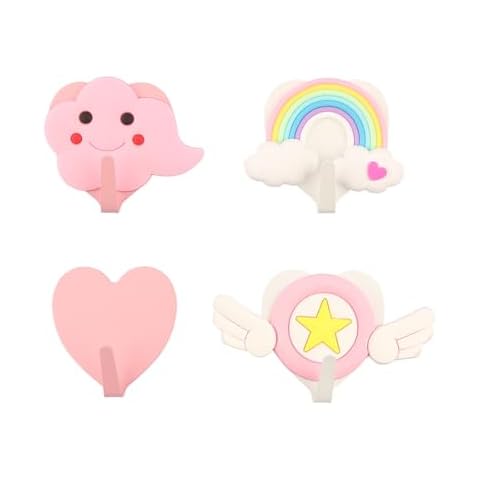 BOSGAS 4 Pack Pink Cute Utility Hooks, Decorative Adhesive Hooks for Clothe, Scarve, Hat, Towel, Key, Bag,Purse,Decorative Hangers for Kids Room Cover