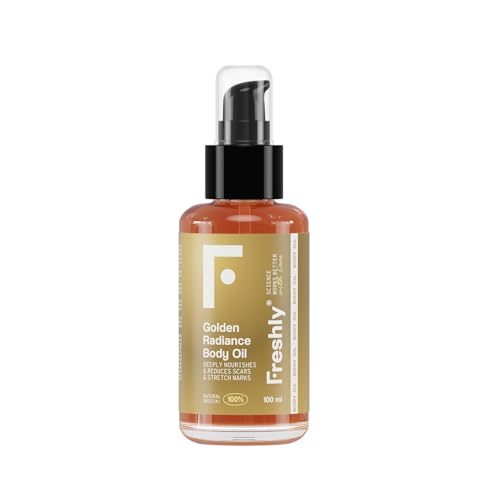 Freshly - Aceite Corporal Natural Golden Radiance Body Oil - Hidratante y Reafirmante - Con 12 Aceites Vegetales - Ideal para Estrías y Cicatrices - Apto Embarazo - 100 ml