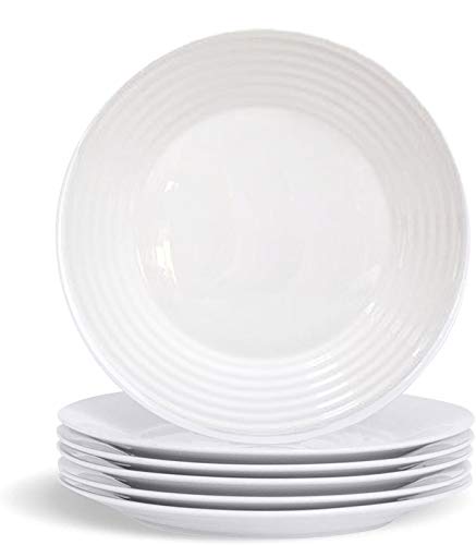 Plato Postre Blanco Vajilla Elegante, Ideal para el menaje del Hogar, Set de 6. Diseño de Lineas Onduladas Muy Original 19 cm