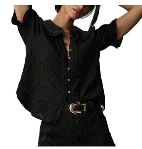 Women Summer Short Puff Sleeve Doll Collar Solid Ruffle Button-Down