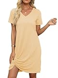 Miselon V Neck Tshirt Dress for Women Tunic Loose Fit Shift Twist Front Knot Dress Light Yellow L
