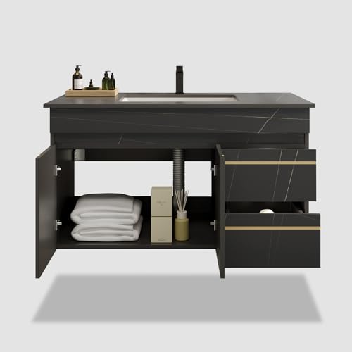 36 Inch Modern Wall Mounted Bathroom Vanity with Ceramic Sink Combo.Solid Wood Floating Bathroom Vanity Cabinet 2 Drawers and 2 Doors, Pre-Installation. Black.