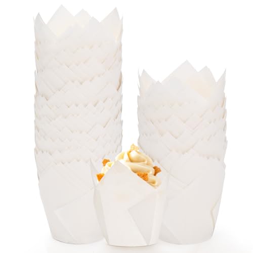 200pcs White Tulip Cupcake Liners for Baking Cups, Premium Parchment paper Tulip Muffin Liners, Greaseproof Cupcake Wrapper for Party, Christmas by JIRNGLA