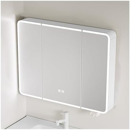 Wall Mounted Storage Cabinet with 2 Mirrored Doors, Aluminum Alloy, Defogger & Surround Lighting, Modern Bathroom Organizer, White, 60x70cm (23.6x27.5in)