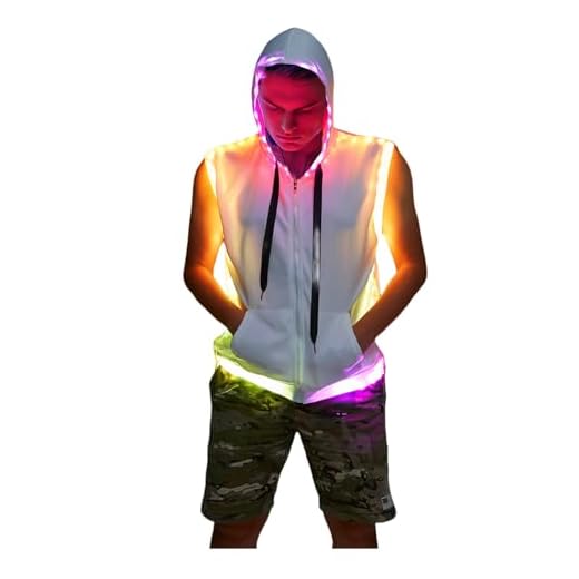 LEDPATY Men White Hooded Tank LED Light Up Sync Burning Man Rave Tops Night Club Show for Halloween Dance Party M