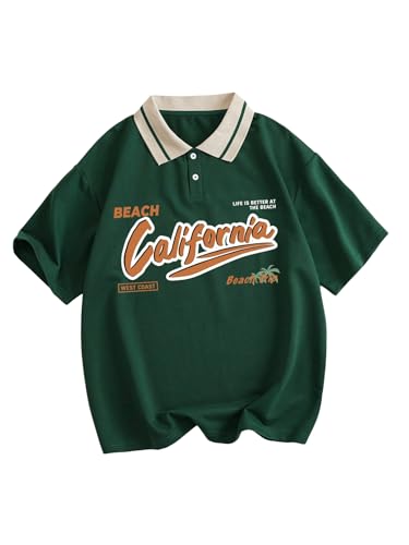 Verdusa Women's Oversized Rugby Shirt Y2K Jersey Shirts Vintage Collared Graphic Tees Preppy Outfits Dark Green Small