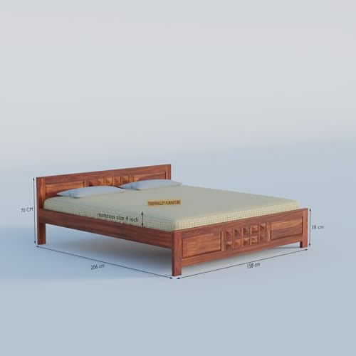 Image of Solid Sheesham Wood Queen Size Bed Without Storage | Double Bed Cot for Bedroom | Palang Double Bed for Hotels | Wooden Double cot for Living Room | Rosewood, Honey Finish