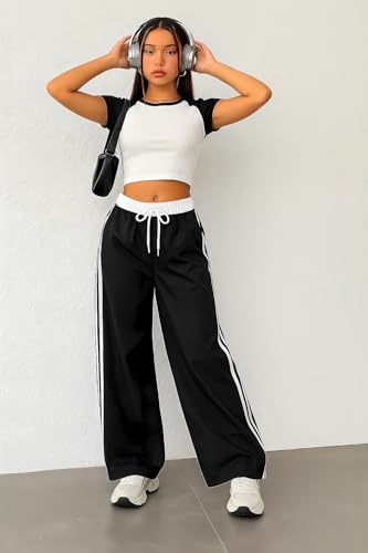 Image of SAKHWALA Women Track Pant | Women's Wide Leg Track Pants High Waist Drawstring Sweatpants with Side Stripes, Casual Loose Fit Lounge Joggers, White