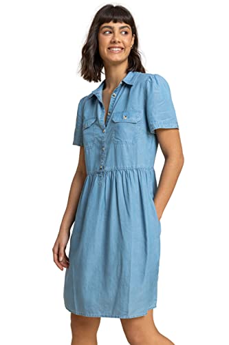 Roman Originals Women Denim Buttoned Shirt Dress - Ladies Spring Everyday Summer Evening Vacation Work Holiday Short Sleeve Smart Casual - Light Blue - Size 10 #TOP11