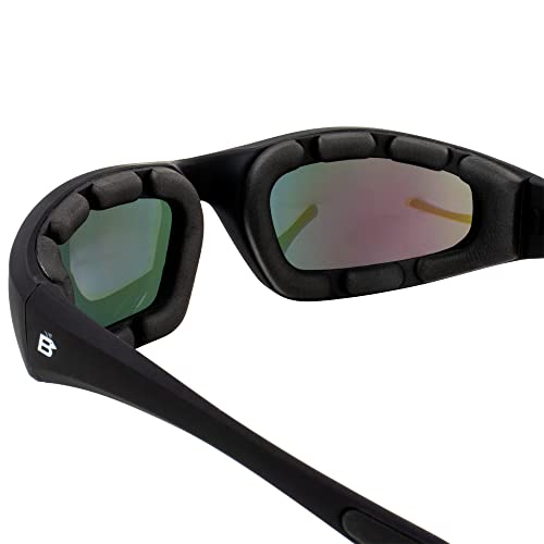 Birdz Eyewear Oriole Padded Motorcycle Riding Sunglasses Gloss Black Frame with Blue Mirror Lenses