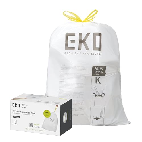 Image of EKO 9.3 Gallon / 30-35 Liter Drawstring Trash Bags, 60 Count Heavy-Duty Tall Kitchen Garbage Can Liners, Extra-Strong Leak-Resistant, Unscented, White, Code K