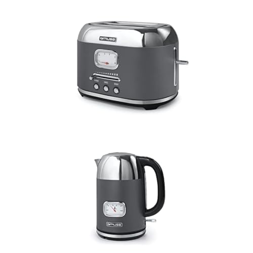 Muse Wasserkocher und Toaster Set, 2er Frühstücks-Set mit Retro Wasserkocher und 2 Scheiben Toaster mit analoger Anzeige, Grau und Edelstahl