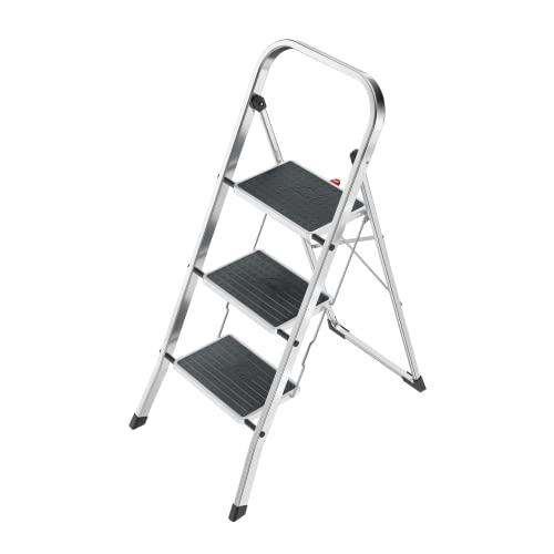 Hailo K60 StandardLine | Aluminum Folding Step | Three Large Steps with Non-Skid mats | Folding Safety Mechanism | Rectangular Rail for Convenient Transport| Rustproof | Easy to Store