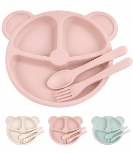 Kit Prato Infantil Bebê Formato Urso 3 Compartimentos Rosa