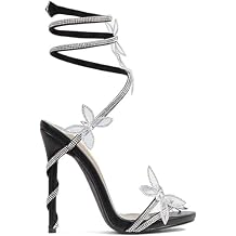 LEMONADE Womens Open Toe High Heel Rhinestone Lace Up Sandals