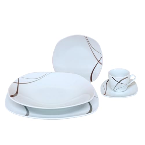 Omniacasa Servizio Piatti Con Tazzine da Caffè 30 Pezzi per 6 Persone Strips Tortora Design Moderno in Porcellana Resistente, Lavabili in Lavastoviglie e Utilizzabili in Microonde