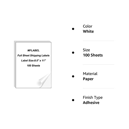 MFLABEL Full Sheet Sticker Label, Address Sticker, White Matte Label Paper, 8-1/2" x 11" Shipping Labels for Laser & Inkjet Printer (600 Labels, 600 Sheets)