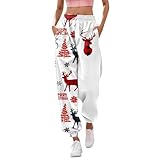 [TXWZM] クリスマス 衣装 レディース クリスマスツリー 雪だるま 雪の結晶 トナカイ サンタ 総柄 ジョガーパンツ スウェットパンツ カジュアル ゆったり ズボン ウエスト 調整 縮める ボトムス 秋冬 春夏 スポーツ フィットネス ダンス(Bホワイト,L)