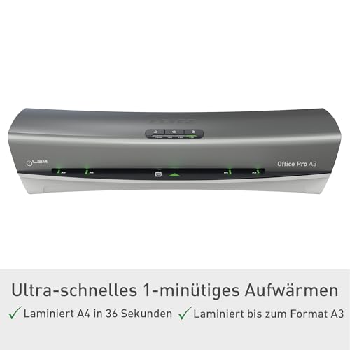 Leitz iLAM Office Pro A3 Laminiergerät, ultraschnelle Aufwärmzeit von 1 Min, für 75-175 mic Folien, Eingabehilfen-LEDs & LED-Status, Anti-Stau, Auto-Abschaltung, Hüllen-Starterkit, Grau/Weiß, 75180084