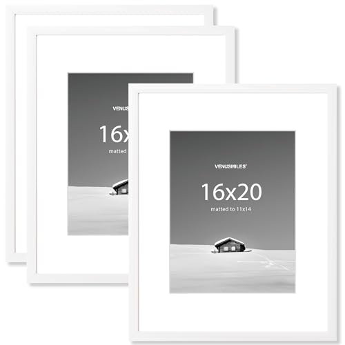 Venusmiles 16x20 inch Picture Frame 16x20 Photo Frames with 11x14 Removable Mat - High Definition Plexiglass - Vertical and Horizontal Display - Wall Hanging Frame - White 3 Pack
