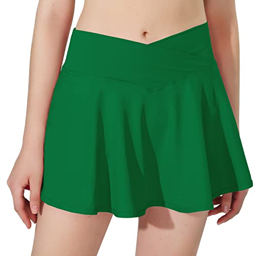 Mcedar Pleated Crossover Tennis Skirt For Women With Pockets V High Waisted Crossbody Flowy Skirt Athletic Golf Skort 041Jxy-Kelly Green/Exl #TOP21
