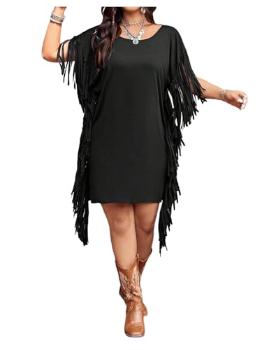 Verdusa Women's Plus Size Cowgirl Outfits Boho Fringe Dress Western Outfit Backless Tee Short Dresses Black Large Plus