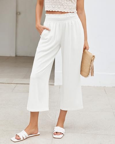 LookbookStore Linen Pants Women Capri Wide Leg High Wasited Pull On Elasitc Waist Summer Beach Palazzo Capris Pants4