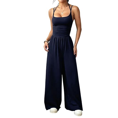 Mono casual de mujer con tirantes fruncidos elásticos y pantalón ancho