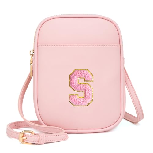 Toddler Purse Initial Crossbody Bags for Girls 3 Pockets PU Leather Cross Body Bag Crossbody Purse Handbag Personalized Preppy Teen Girl Gifts Trendy Stuff (Light Pink S)
