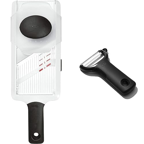 OXO Good Grips – Mandoline manuelle - Mandoline en inox à épaisseur de tranche réglable - Blanc & Good Grips – Éplucheur à légumes rasoir en Y - Économe à légumes en inox - Noir
