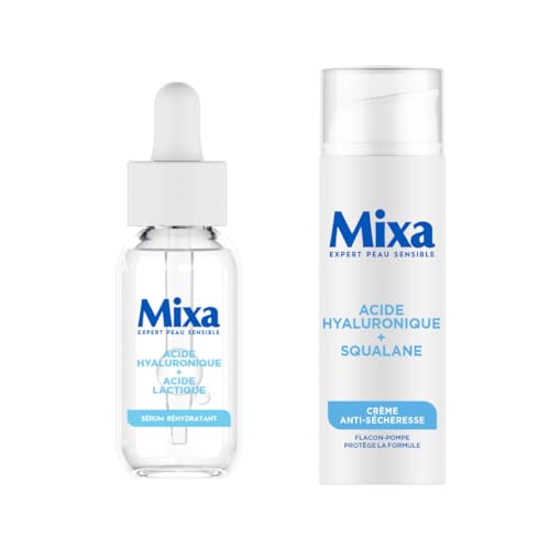 Mixa - Routine Serum Konzentrat feuchtigkeitsspendend + Creme gegen Trockenheit – mit Hyaluronsäure und Milchsäure + Squalan – Beruhigt & spendet Feuchtigkeit für 48 Stunden – hypoallergen – 30 ml +