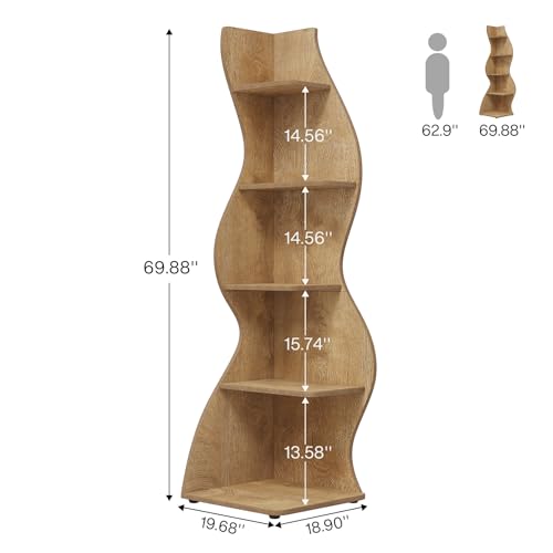 Image of Tribesigns Corner Shelf, Modern 5-Tier Wall Corner Bookshelf, Stylish Corner Small Bookcase Storage Rack Plant Stand with Unique Shape for Living Room, Home Office (Light Brown, 1PC)