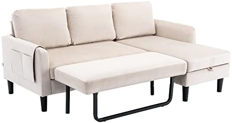 Eafurn Sectional Sofa with Pull Out Bed, PU Leather Upholstered 3 Seats Sleeper Couch and Reversible Chaise Lounge w/Storage, Modern Design 72" L-Shaped Corner Sofa & Couches for Living Room, Beige Ve