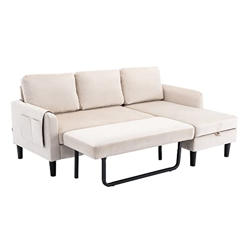 Eafurn Sectional Sofa With Pull Out Bed, Pu Leather Upholstered 3 Seats Sleeper Couch And Reversible Chaise Lounge W/Storage, Modern Design 72" L-Shaped Corner Sofa & Couches For Living Room, Beige Ve #TOP10