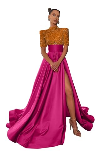 JSSOFT TEX Open Back Prom Dresses Ball Gown Formal Gown Mock Neck Satin A-Line Evening Dress Half Long Sleeve Bridesmaid Dress Burnt Orange Fuchsia Size 8 JS0005