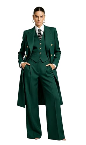 Women 3 Piece Long Blazer Vest Wide Leg Pantsuit Formal Wedding Suit