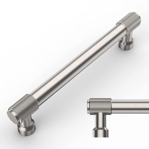 Amerdeco 6 Pack Brushed Satin Nickel Knurled Cabinet Pulls 5 Inch(128mm) Hole Center Kitchen Handles Drawer Pulls Cabinet Hardware ZH0034