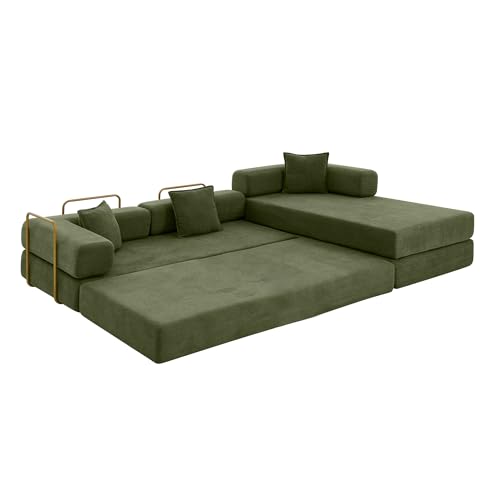 Image of HANXIN 108 inch Modular Sectional Sofa, Futon Convertible Sofa Bed,Oversized Corduroy Boneless Couch for Living Room,Floor Loveseat Sleeper with Pull Out Bed,Free Combination,No Assembly Required (Green)