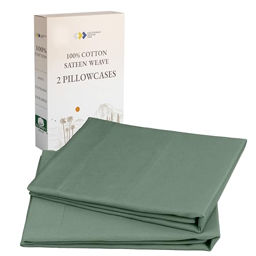 Image of California Design Den 100% Cotton Pillowcases Queen Size Set of 2, Standard/Queen Size Pillowcases - Soft Sateen Weave Cases, Fits Queen and Standard Size Pillows - Sage Green - Dark