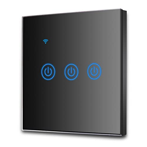 EXTRASTAR Interruttore a parete touch WLAN, 3-vie, 3 canali, Compatibile con assistenti intelligenti come Google Home e Amazon Alexa, filo neutro richiesto, Nero