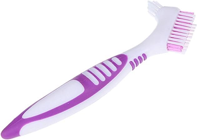 premium denture cleaning brush set with multi-layered bristles & ergonomic rubber handle, portable denture double sided brush for false teeth cleaning orange