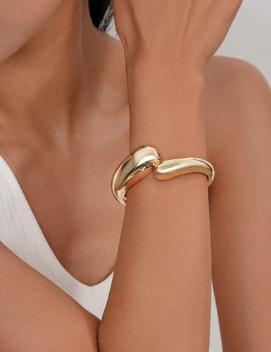 Image of Chunky Gold Bangle Bracelets for Women, Dainty 14k Gold Plated Big Stackable Bangles Set, Trendy Statement Cuff Bracelet Stack Fashion Jewelry Gifts
