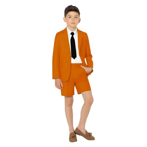 SAROULU Boys Light Weight Summer Suit 2 Piece Blazer and Shorts Set Beach Wedding Tuxedos for Kids Boys Ring Bearer Outfit Orange
