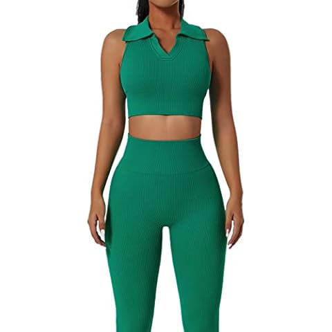 Workout Sets for Women Ribbed Seamless High Waist Yoga Leggings with Lapel Collar V Neck Crop Tank 2 Piece Outfits, Green, Medium Cover