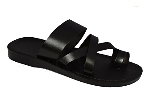Men's Biblical Jesus Sandals Natural Genuine Camel Leather Toe Loop Handmade From Jerusalem Flip Flops Brown Black Holy Land (Black, numeric_12) by Generic - Used condition - US$35.73