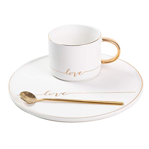 TJ Gobal Porcelain Coffee Mug, Tea Cup with Saucer and Golden Spoon with Gold Scripted Love and Trim for Hot Chocolate, Cappuccino, and Latte, 8 Oz. (White)