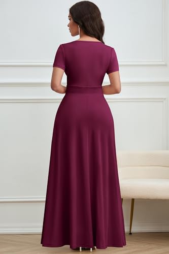 Image of CLOCOR Maxi Dress for Women Long Summer Short Sleeve Evening Formal V Neck A Line Dresses Wedding Guest Empire Waist Elegant
