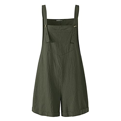 LAEMILIA Women Casual Short Overalls Cotton Linen Wide Leg Rompers Jumpsuit Bib Shorts One Piece Green 12/Tag size XL
