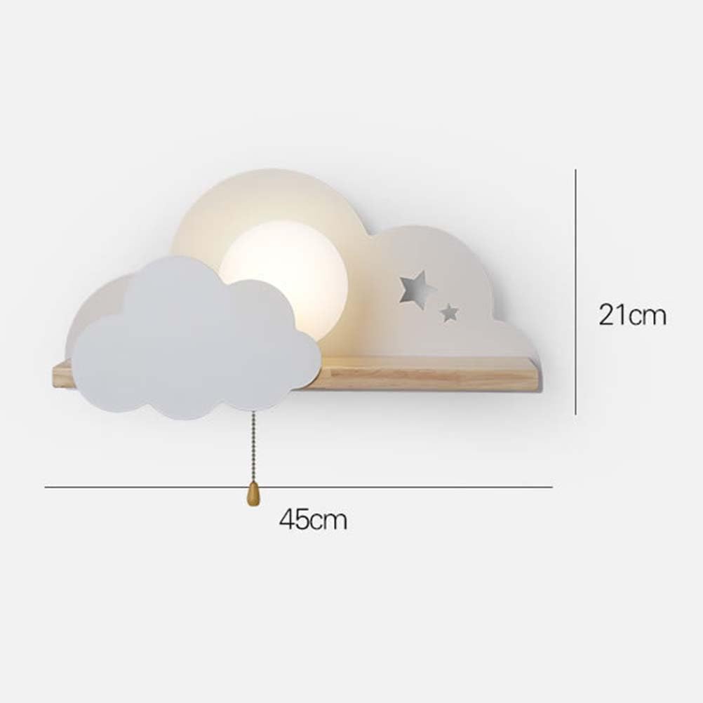 Lampa ścienna Cloud z przełącznikiem, Wewnętrzna lampa ścienna do pokoju dziecięcego Lampka nocna E27 ze szklanym kloszem Kreatywna karykaturalna chmura z drewnianą półką lampa dekoracyjna