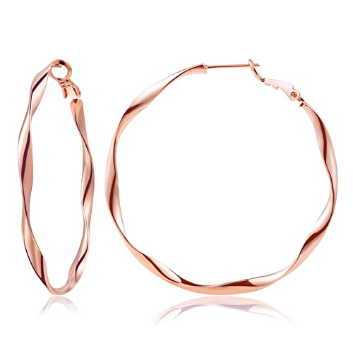 Image of 24K Gold Hoop Earrings for Women Trendy Real Gold Plated Twisted Thin Huggie Hoops, Dainty Cute Big Gold Filled Dangle Hoop Earrings Nickel Free Womens Earrings for Sensitive Ears Hypoallergenic